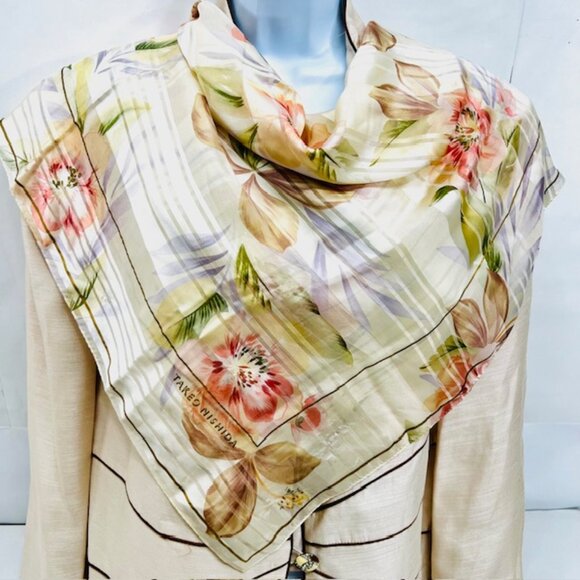 Takeo Mishida Japanese Scarf 100% silk satin mixed chiffon 34" Peach Floral (46) - Picture 1 of 8